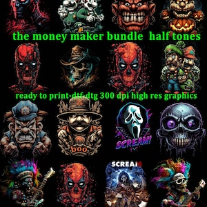 Plus de 50 modèles de t-shirts d'Halloween uniques en demi-teinte pour octobre - t-shirt effrayant de haute qualité, impression 300 dpi, lot de modèles best-sellers