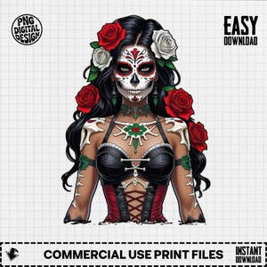 Sugar Skull Catrina Digital Download, Day of the Dead Art, Easy to Download PNG Files, Mexican Art, Woman with Roses, Digital Prints