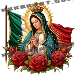 Nostra Signora di Guadalupe PNG download virgen de Guadalupe sublimazione design Floral Virgin of Mexico download digitale con bandiera