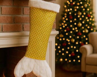 Calcetín navideño de cola de sirena – Hecho a mano, piel sintética dorada y blanca