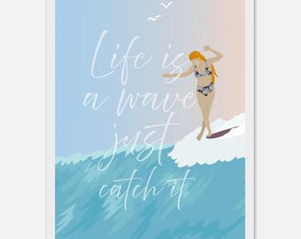 Weibliche Surfer Wand - Kunst gerahmt Strand Druck - Das Leben ist eine Welle