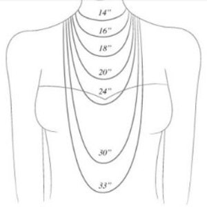 Pode incluir: Um diagrama mostrando diferentes comprimentos de colar em polegadas, de 14 polegadas a 33 polegadas. Os comprimentos do colar s&atilde;o mostrados em um desenho do pesco&ccedil;o de uma pessoa.