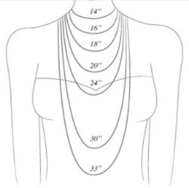 Pode incluir: Um diagrama mostrando diferentes comprimentos de colar em polegadas, de 14 polegadas a 33 polegadas. Os comprimentos do colar s&atilde;o mostrados em um desenho do pesco&ccedil;o de uma pessoa.