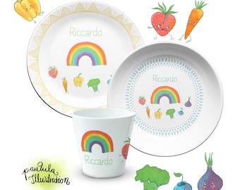 Children's tableware set with name, personalized, made of melamine "rainbow"