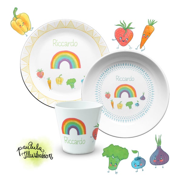 Kindergeschirr Set mit Name, personalisiert, aus Melamin "Regenbogen"