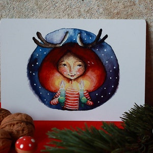 Postkarte "Rentiermädchen Kerzenschein"- Winter