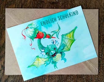 Postkarte "endlich Schulkind" Drache - Schulanfang DIN A6