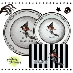 Creepy, plate set personalized with name, from melamine "witch" motif choice