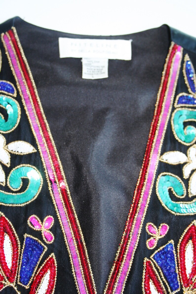Vintage 80/'s Sequin Black Silk Vest MediumLarge