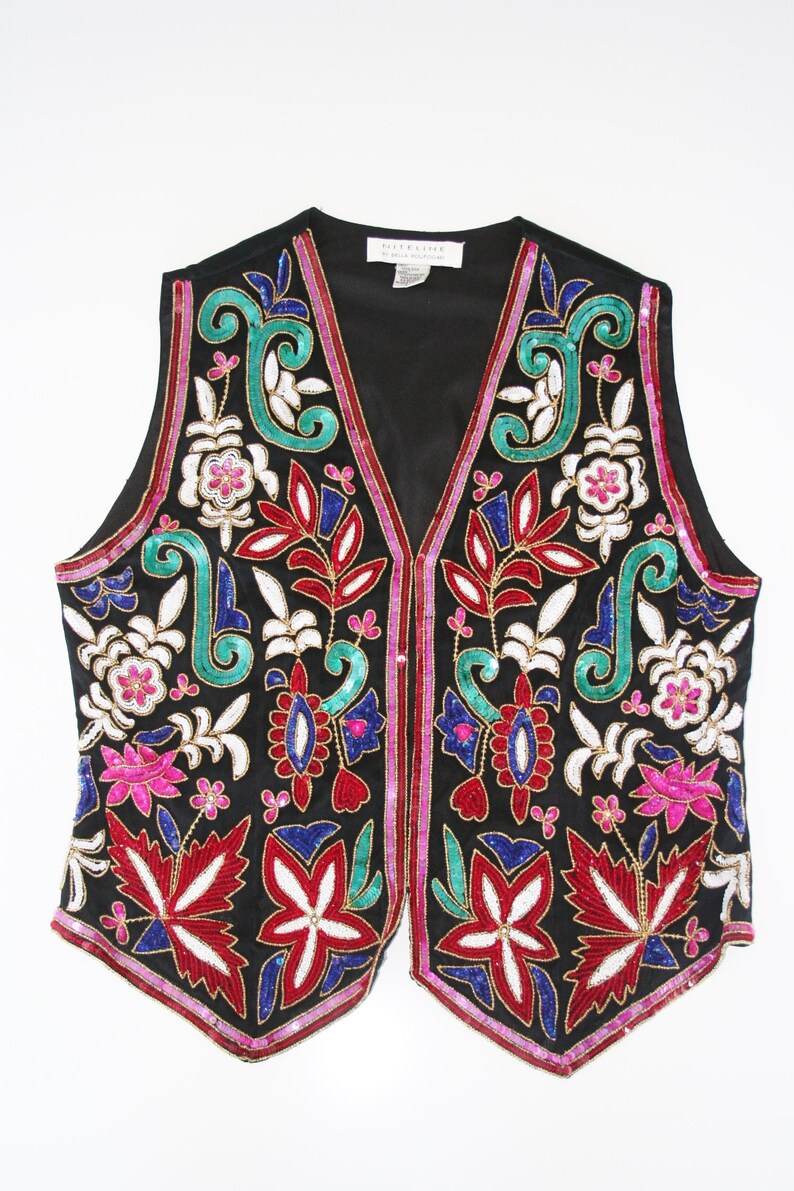 Vintage 80/'s Sequin Black Silk Vest MediumLarge