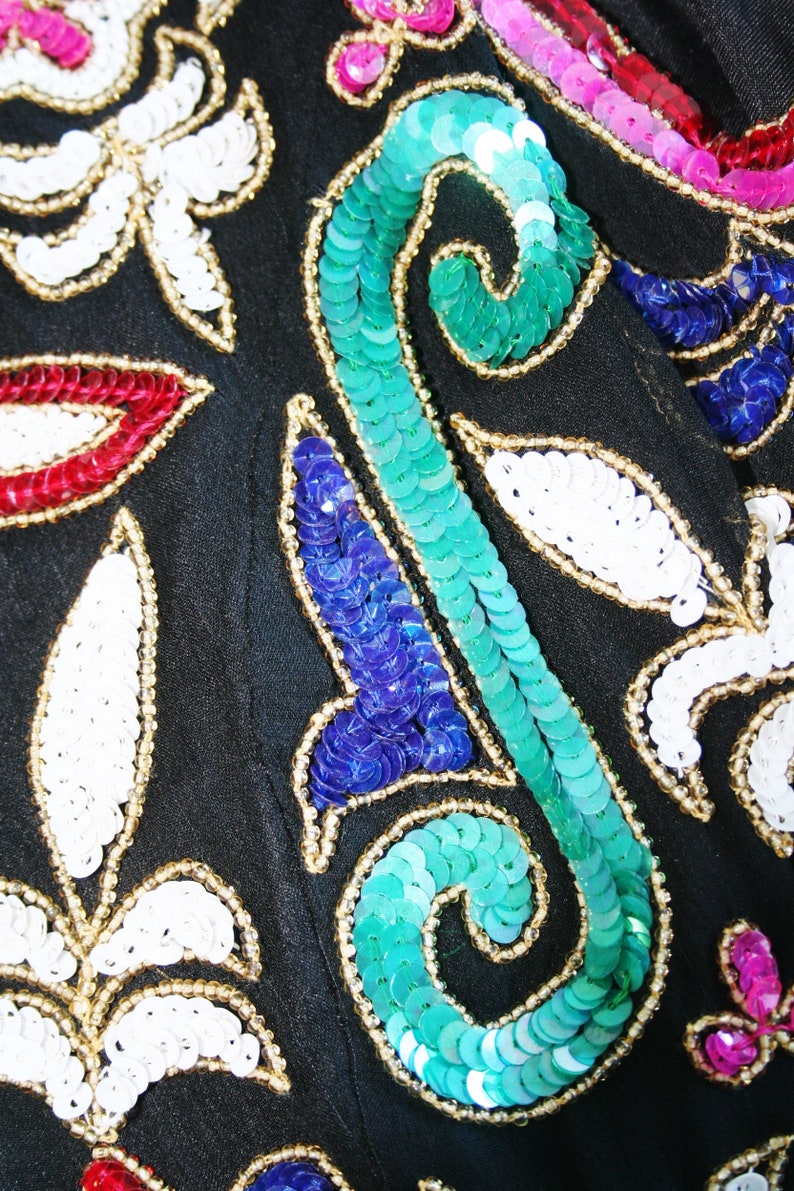 Vintage 80/'s Sequin Black Silk Vest MediumLarge