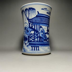Chinese Antique Blue & White Porcelain Figure Brush Pot