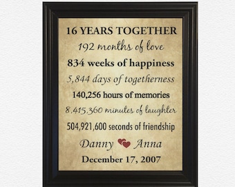 16th Anniversary Gifts, 16 Year Anniversary, Framed 16th Anniversary Gift, 16 Years Together, 16th Wedding Anniversary for Her, Gift for Men