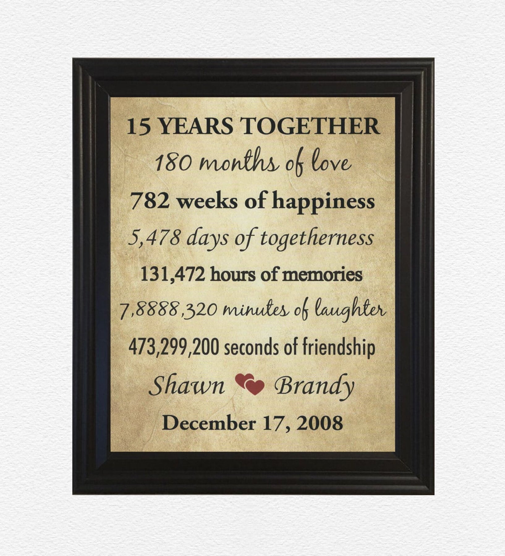 15th Anniversary Gifts, 15 Year Anniversary, Framed 15th