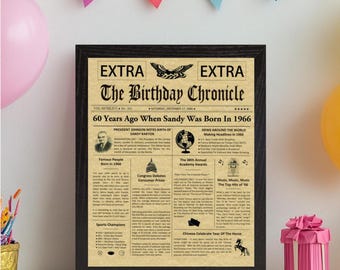 Personalized 60th Birthday Gift, Frame Included, 1966 Birthday Gift, 60th Milestone Gifts, Newsletter Style