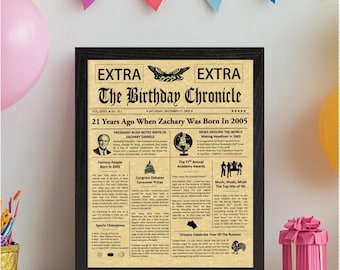 Personalized 21st Birthday Gift, Frame Included, 2005 Birthday Gift, 21st Milestone Gifts, Newsletter Style