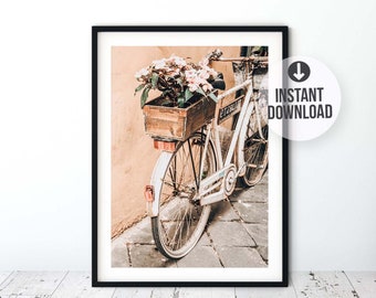 Floral bicycle printable Bike with basket print Retro bicycle photo Vintage Italy photography Bike with flowers wall art Retro bike print
