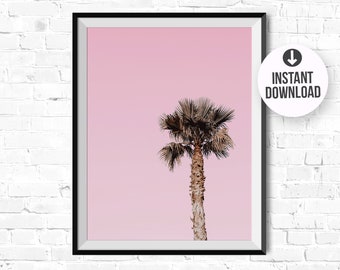 Palmboom print Roze Tropische kunst aan de muur Afdrukbare palm decor Moderne boho print Botanische muur print Palm blad print Pastel fotografie poster