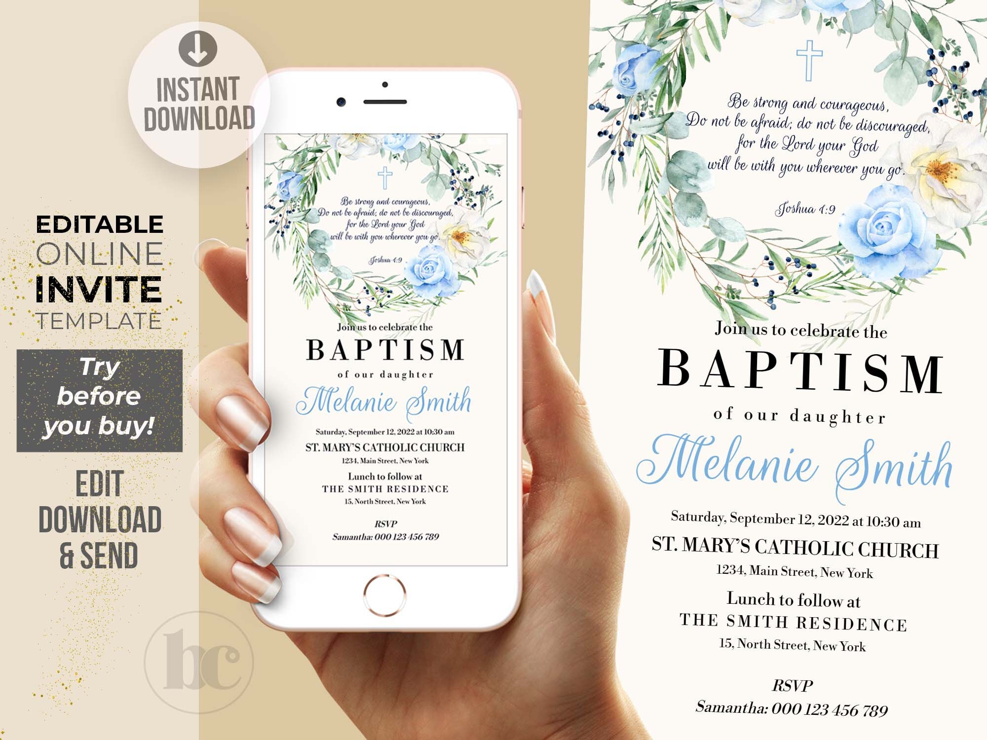 Floral Electronic Baptism Evite Template Online Baptism Etsy