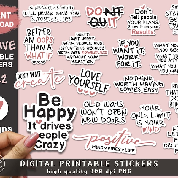 Positive Stickers For Tumbler And Laptop | Positive Affirmation Stickers | Digital Stickers | Inspirational Encouraging Stickers Bundle PNG