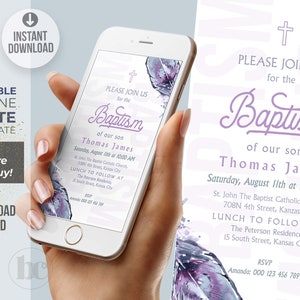 Boho Watercolor Feathers Baptism Invitation | Christening Mobile Invite | Boho Baptism Evite | Electronic Template Baptism Boy, Blue Purple