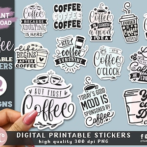 Pegatinas imprimibles de café / Pegatinas de café divertidas / Pegatinas digitales / Pegatina de computadora portátil de café / Pegatinas de botella de agua / Paquete de pegatinas de café