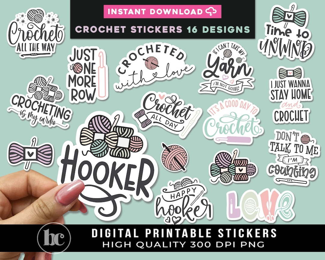 Crochet Stickers Bundle for Tumbler and Laptop Crochet Lover Stickers Yarn Sticker Sheet Funny Crocheting Digital Stickers Pack PNG