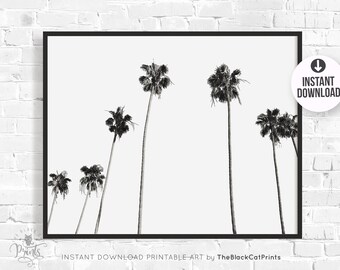 Black and White Palm trees print Tropical wall art Palm poster Modern minimalist coastal print Horizontal wall decor Printable Palm leaves