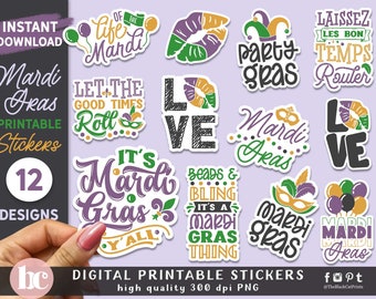 Printable Mardi Gras Stickers For Tumbler and Laptop | Fat Tuesday Stickers | Louisiana Stickers | Mardi Gras Decals | Digital Stickers Pack