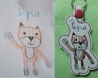 Embroidered keychain based on a child's drawing, embroidered children's drawing, your child's artwork as a keychain
