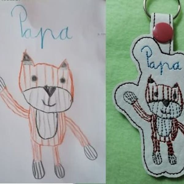 Embroidered keychain based on a child's drawing, embroidered children's drawing, your child's artwork as a keychain