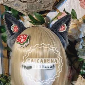 Cottagecore Grey Pointy Ears with Mushroom Hairclip