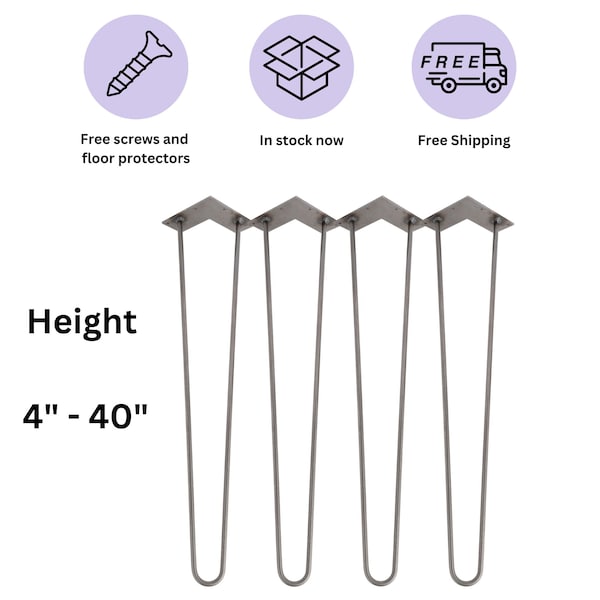 Raw Steel - 2 Rod Hairpin Legs (Set of 4), Handmade Steel Table Legs, Metal Furniture Legs