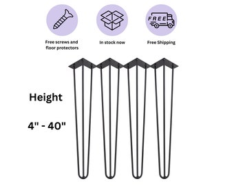 Black 3 Rod Hairpin Legs (Set of 4), Handmade Steel Table Legs, Metal Furniture Legs