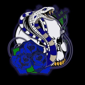 May include: A blue and white cobra with a skull and blue roses. The cobra is coiled around the skull and has a menacing expression. The roses are in bloom and have a dark blue color.