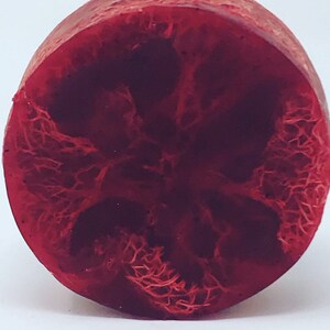 Pode incluir: Uma esponja de luffa vermelha com uma superfície texturizada. A esponja é redonda e tem um furo no centro.