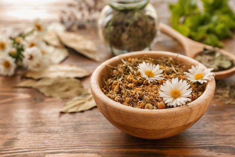May include: A wooden bowl filled with dried chamomile flowers and a few fresh chamomile flowers on top. The bowl is on a wooden table with other dried herbs and flowers around it.