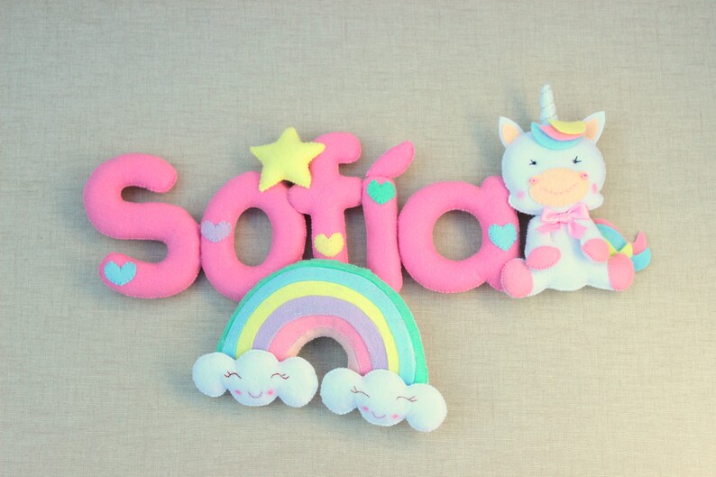 Decoración infantil unicornio y arcoíris nombre fieltro | Etsy