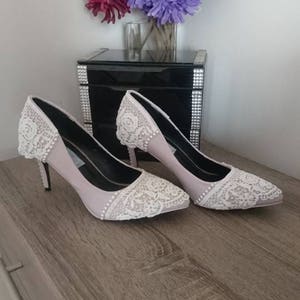 Sky blue pearl & lace wedding shoes image 3