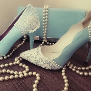 Sky blue pearl & lace wedding shoes image 2