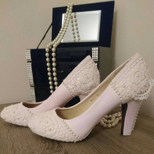 Sky blue pearl & lace wedding shoes image 4