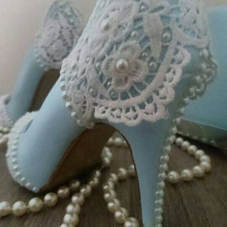 Sky blue pearl & lace wedding shoes image 1
