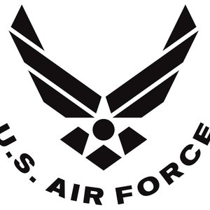 Puede incluir: Emblema en blanco y negro de la Fuerza Aérea de los Estados Unidos. El emblema presenta un diseño de ala estilizado con una estrella en el centro y el texto "U.S. AIR FORCE" alrededor del perímetro.