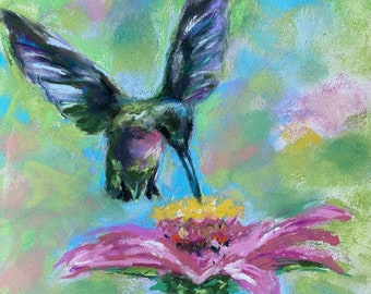 Hummingbird in Flight Original Pastel Painting 8 x 11 Flower Wall Art Painting Gift for Her Housewarming Gift Free Shipping