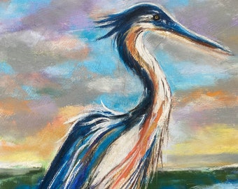 Blue Heron Beauty Painting 16 x 20 inches Watercolor Coastal Ocean Bird Fine Art Home Decor Free Shipping