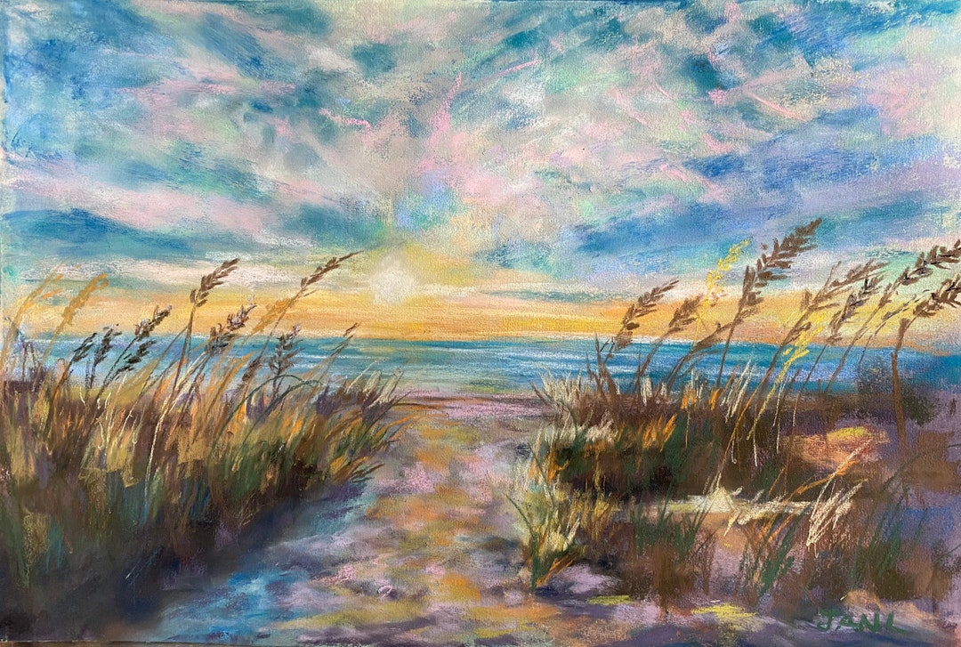Beach Painting Original Pastel golden Sunset Ocean Path 12 X 18 Inches