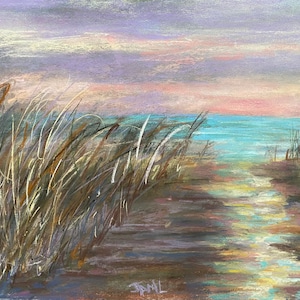 Beach Painting Original Pastel Purple Sunset Seascape Fine Art 11 x 17 by JanLPastels Florida Walkway Coastal Mothers Day Gift Free Shipping