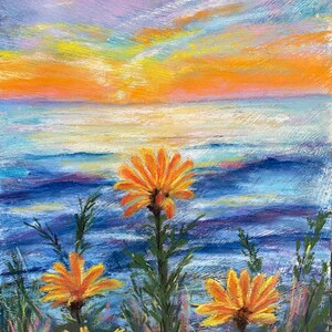 Summer Beach Flowers Pastel Painting 11 x 16.5 Original Pastel Art Wildflowers Seascape Sunset Janlpastels Fine Art Free Ship