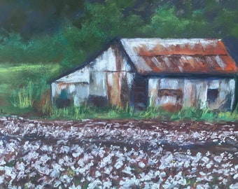 Cotton Field Barn Painting Original Pastel Art 12 x 16 Southern Cotton Fields Landscape Country Farmhouse Free Shippjng Housewarming Gift