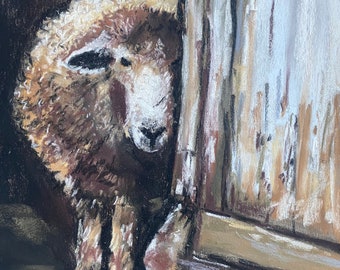 Shy Sheep in Barn Original Pastel Painting 8 x 11.5 Animal Painting Birthday Gift Unique Housewarming Gift Country Wall Art Free Shipping